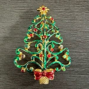 Vintage Christopher Radko Gold Tone Green Christmas Tree Pin Brooch Signed